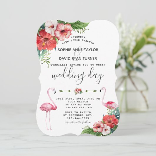 チャームルアウ（ハワイ式宴会）フラミンゴトロピカルフローラ結婚ズ 招待状 (スタンド正面)