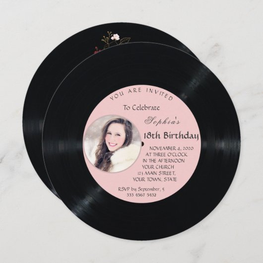チャームレトロレコード写真誕生日 招待状 (正面/裏面)