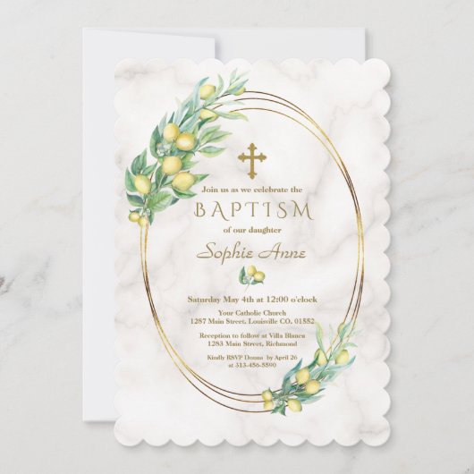 チャームレモンフルーツマーブルー金ゴールドクロスバプテスマ 招待状 (正面)