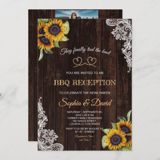 チャームレースロープ我々は結び目ひまわりバーベキュー 招待状 (正面/裏面)