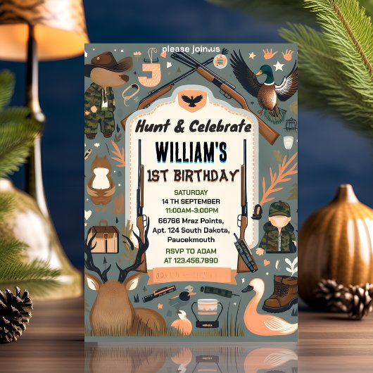 チャームワイルド迷彩柄オディアダック狩り1歳の誕生日 招待状