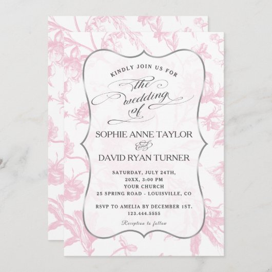 チャームヴィンテージフランスのピンクトワ結婚ールフローラ 招待状 (正面/裏面)