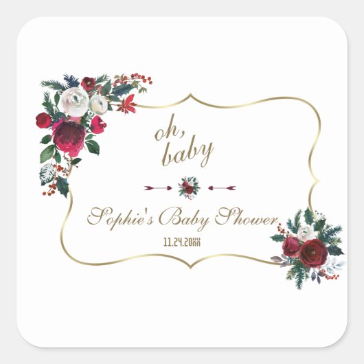 チャーム冬ブルゴーニュフローラパイン金ゴールド赤ちゃんシャワー スクエアシール (正面)