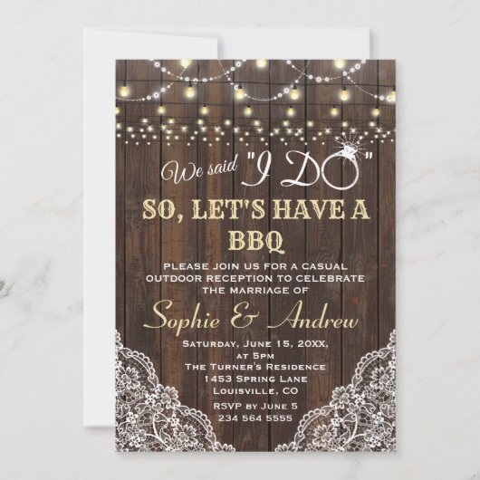 チャーム古いウッドレースのストリングライト私がBBQを行った後 招待状 (正面)