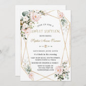 チャーム水彩ピンクフローラ金ゴールドフレーム甘い16 招待状 (正面/裏面)