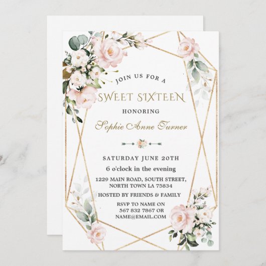 チャーム水彩ピンクフローラ金ゴールドフレーム甘い16 招待状 (正面/裏面)