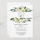 チャーム水彩白色フローラフレーム50誕生日 招待状 (正面/裏面)