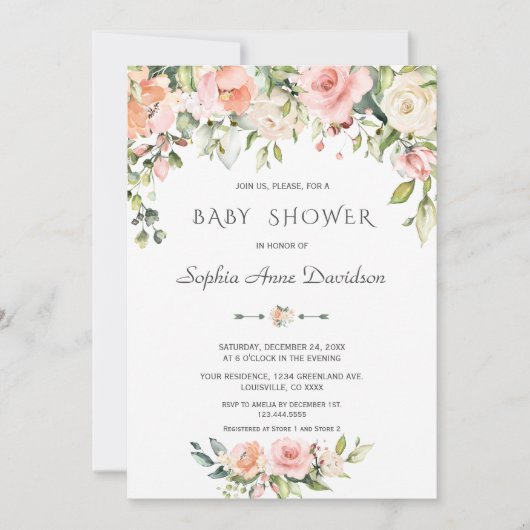 チャーム水彩赤面クリームフローラベビーシャワー 招待状 (正面)