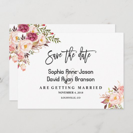 チャーム水彩赤面ピンクフローラ日付を保存 セーブザデート (正面/裏面)