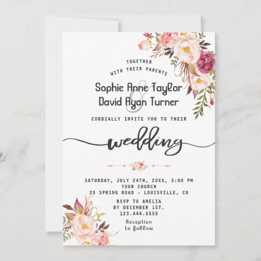 チャーム水彩赤面ピンクフローラ結婚ズ 招待状 (正面)