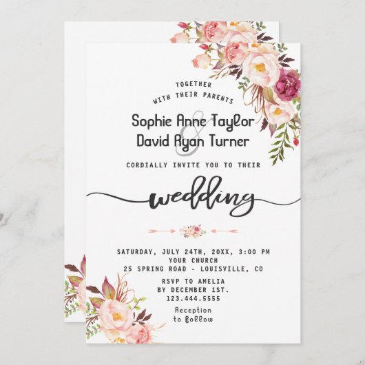 チャーム水彩赤面ピンクフローラ結婚ズ 招待状 (正面/裏面)