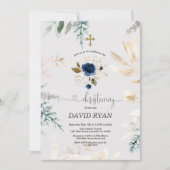 チャーム水彩青フローラ金ゴールド《キリスト教》洗礼式や命名式 招待状 (正面)