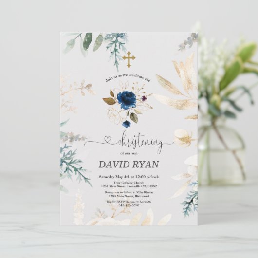 チャーム水彩青フローラ金ゴールド《キリスト教》洗礼式や命名式 招待状 (スタンド正面)