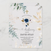 チャーム水彩青フローラ金ゴールド《キリスト教》洗礼式や命名式 招待状 (正面/裏面)