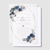 チャーム水色ネイビーブルー赤面花結婚の ベラム紙招待状 (オフセット)