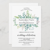 チャーム水色ユーカリ葉フレーム結婚ズ 招待状 (正面/裏面)