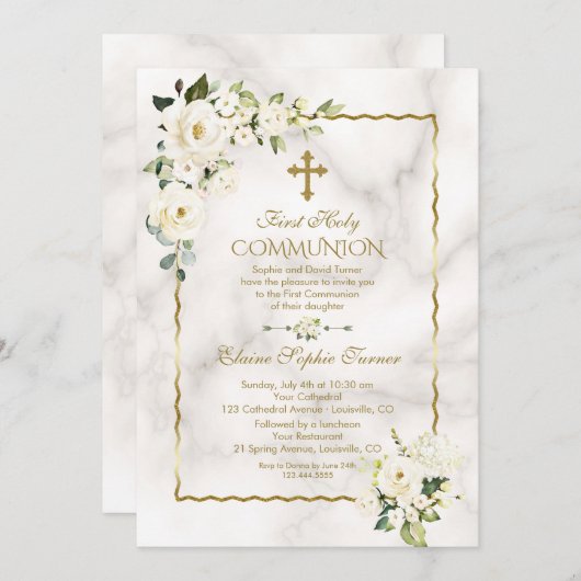 チャーム白い花金ゴールド最初の聖餐式 招待状 (正面/裏面)