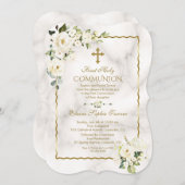 チャーム白い花金ゴールド最初の聖餐式 招待状 (正面/裏面)