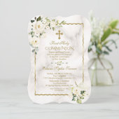 チャーム白い花金ゴールド最初の聖餐式 招待状 (スタンド正面)
