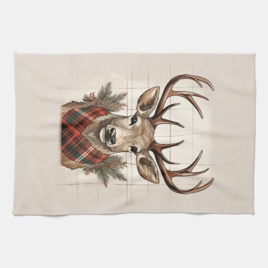 チャーム素朴ファームハウス宝物宝庫と格子鹿 キッチンタオル (横)