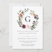 チャーム素朴ブルゴーニュピンクフローラリース結婚ズ 招待状 (正面)