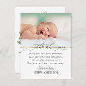 チャーム緑のフレーム金ゴールド写真ベビーシャワー サンキューカード (正面/裏面)