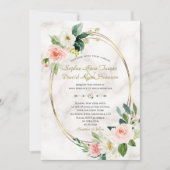 チャーム赤面クリームフラワーズマーブルー結婚金ゴールド 招待状 (正面)