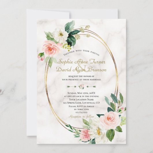 チャーム赤面クリームフラワーズマーブルー結婚金ゴールド 招待状 (正面)