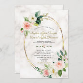 チャーム赤面クリームフラワーズマーブルー結婚金ゴールド 招待状 (正面/裏面)