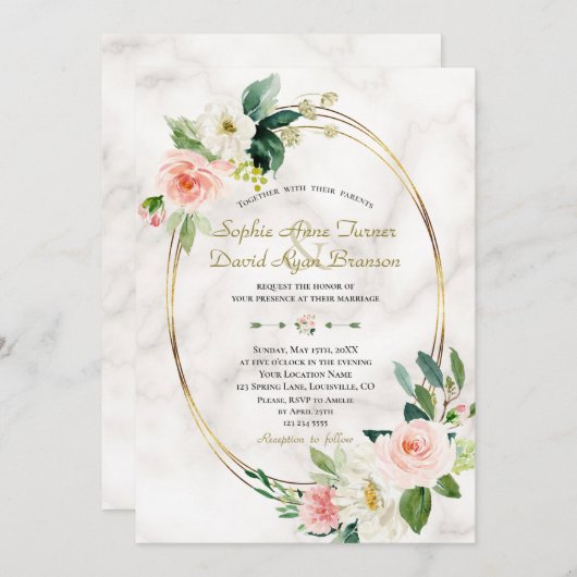 チャーム赤面クリームフラワーズマーブルー結婚金ゴールド 招待状 (正面/裏面)