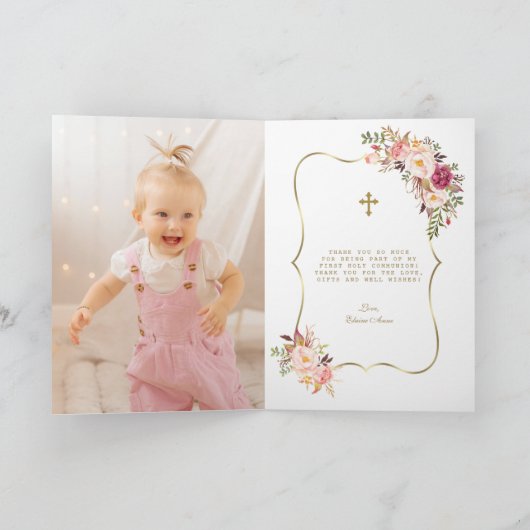チャーム赤面ピンクの花ガール写真神聖な聖餐式 サンキューカード (内部)