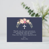 チャーム赤面ピンクフラワーズネイビーブルーガールバプテスマ サンキューカード (スタンド正面)