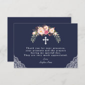 チャーム赤面ピンクフラワーズネイビーレースガールバプテスマ サンキューカード (正面/裏面)