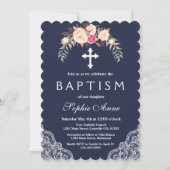 チャーム赤面ピンクフラワーズレースネイビーバプティズム 招待状 (正面)