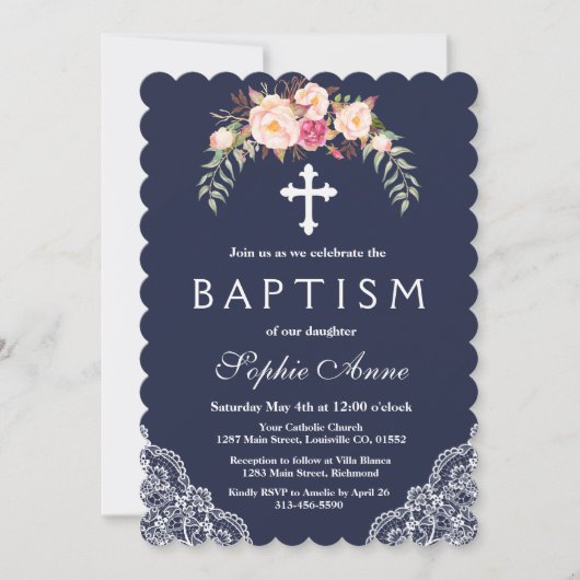 チャーム赤面ピンクフラワーズレースネイビーバプティズム 招待状 (正面)