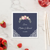 チャーム赤面ピンクフラワーズレースネイビー結婚ズ スタンダードカクテルナプキン (インサイチュ)