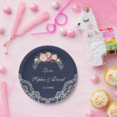チャーム赤面ピンクフラワーズレースネイビー結婚ズ ペーパープレート (パーティー)