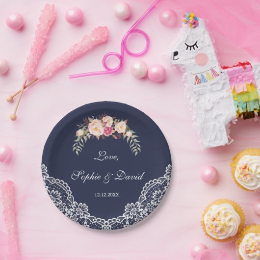 チャーム赤面ピンクフラワーズレースネイビー結婚ズ ペーパープレート (パーティー)
