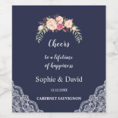 チャーム赤面ピンクフラワーズレースネイビー結婚ズ ワインラベル (シングルラベル)