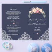 チャーム赤面ピンクフラワーズレースネイビー結婚式 プログラム チラシ (シングル)