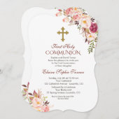 チャーム赤面ピンクフローラファーストホーリーコミュニオン 招待状 (正面/裏面)