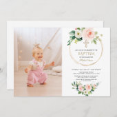 チャーム赤面ピンクフローラ金ゴールドガールフォトバプテスマ 招待状 (正面/裏面)