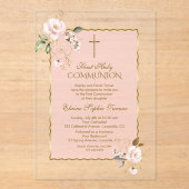 チャーム赤面ピンク金ゴールドフローラクロスホーリー聖餐式 アクリル招待状 (正面)