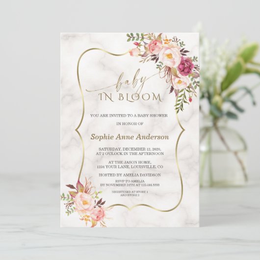 チャーム赤面フラワーズ金ゴールド大理石ベビーイン開花 招待状 (スタンド正面)