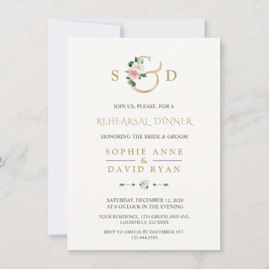 チャーム赤面フローラ金ゴールドアンパサンドリハーサルディナー 招待状 (正面)