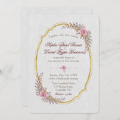 チャーム赤面フローラ金ゴールドフレームホワイトウェディング招待 招待状 (正面/裏面)