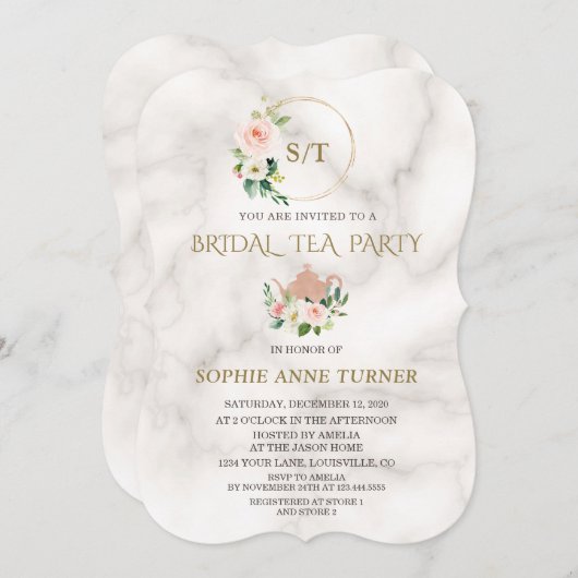 チャーム赤面フローラ金ゴールドフレームマーブルブライダルシャワー 招待状 (正面/裏面)