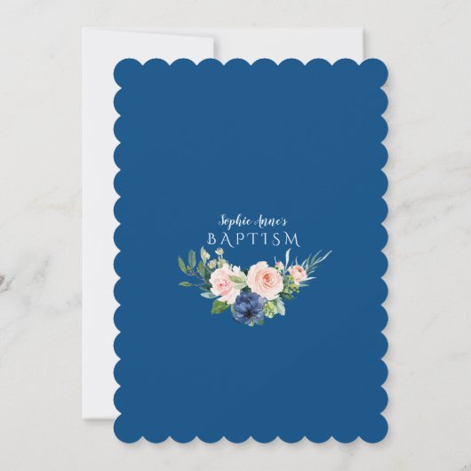 チャーム赤面ブルークラシックフラワーズ金ゴールドガールバプテスマ 招待状 (裏面)