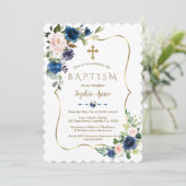 チャーム赤面ブルークラシックフラワーズ金ゴールドガールバプテスマ 招待状 (スタンド正面)