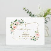 チャーム赤面花金ゴールド女の子1st誕生日バプテスマ サンキューカード (スタンド正面)